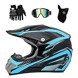 Volles Gesicht MTB Motocross Helm, mit Brille Handschuhe Maske, Jugend Kind Offroad Motorrad ATV Helme, Bergab Enduro-Rennen Quad Dirtbike Helm(Blue,M/54-55CM)
