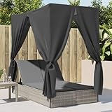 Nqyjm Sonnenliege mit Rückenlehne verstellbar in 4 Positionen, Doppel-Sonnenliege mit Dach und Vorhängen, hellgrau, Polyrattan, Strandliege, für Garten, Terrasse, Modell 1