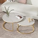 GLJTUO Rundes Satztisch-Couchtisch-Set Mit 2 Stück, Stapelbare Couchtische Mit Marmorstruktur, Moderner Akzent-Beistelltisch, Sofatisch Fürs Wohnzimmer, Metallrahmen, Einfache M,White-60+45CM