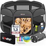 LOVPET® Welpenlaufstall Tierlaufstall Faltbar für Kleintiere Hunde, Katzen Inkl. Hundenapf und Fleece Decke Hundelaufstall Freigehege Oxfordgewebe Pop-up System Indoor & Outdoor, Anthrazit/Schwarz