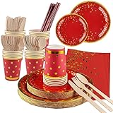 Partygeschirr,ZEEREE 200 Stück Pappteller Set, ​Papier Geschirr Set Partyzubehör Einschließlich Messer Gabel Löffel Teller Becher Servietten für 25 Gäste