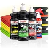 Autopolitur Set | Sonax Profiline ExCut 05-05 gegen tiefe Kratzer + EX 04-06 Hochglanzpolitur + OS 02-06 Finish Politur + Quick Detailer + 3 x Hand Polierpad + 3 x Poliertuch