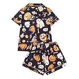 Generisch Halloween Pyjama Set Damen Kurzarm Schlafanzug Hemd Shorts Wear Saisonübergreifend Bequem (Navy, S)
