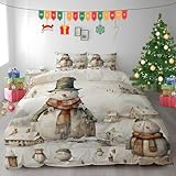 Generisch Weihnachtsschneemann Bettwäsche 155x200cm, Verschneite Landschaft Bettbezug, 3-Teiliges Bettwäsche-Sets aus Atmungsaktiver und Weicher Mikrofaser, 2 Kissenbezüge mit Reißverschluss AW292