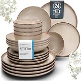 Steingut Geschirrset 6 Pers. Rustic 24-tlg Hochwertiges Landhausstil TEST SEHR GUT Steingut Geschirr Set - Schüssel- und Teller Set - Tafelservice 6 Personen Geschirrsets Pure Living in beige