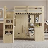 Moimhear Hochbett 90x200 cm, Arbeitstisch mit Regalen und Schränken, Sicherheitskletterleiter mit Stauraum, mit Stauschubladen, Kinderbetten, Massivholzrahmen Holzfarbe