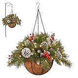 Künstliche -Hängeampel, 50 x 25 cm, künstlicher Weihnachtsampel mit Tannenzapfen und Beeren, festlicher Pflanzgefäß, LED-, Outdoor-Dekoration für Garten, Terrasse, Rasen, Hof