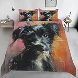 Generisch Süße Hund Bettwäsche 140x200, Schwarz Weiß Welpe Wendebettwäsche, Ölgemälde Motiv Bettbezug mit Reißverschluss, Weiche Mikrofaser Bettwäsche Sets 2 Teilig mit 1 Kissenbezug 70x90 QX64