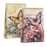 2 Stück Vintage Schmetterling Küchentücher, Blume, weich, saugfähig, Mikrofaser-Geschirrtücher zum Trocknen von Geschirr, Waffelgeschirrtücher für Küche, Badezimmer, Dekoration, Einweihungsgeschenke