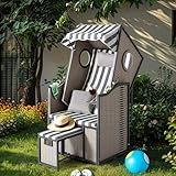 Wohnando Bulli Strandkorb XXL mit Bullauge - Hochwertiger Liegestuhl für Garten & Outdoor, Ostsee Design, 1-Sitzer Sonnenliege, Strandkörbe für Balkon, wetterfest, Beach Chair, Sonnenschutz