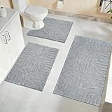 Homcomodar Badezimmerteppich Set 3 Weicher Mikrofaser Badematte rutschfest Badteppich Waschbar Badematte Wasserabsorbierend und U-Form Bad Toilette für Dusche, WC & Badewanne（Grey）