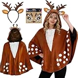 Apexara Reh Kostüm Damen, Rentier Geweih Haarreifen mit Rentier Ohren, Reh Cape mit Kapuze, Glitter Gesichtstattoo, Reh Tier Kostüm für Fasching Weihnachten Motto Party