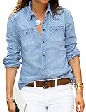 Roskiky Bluse Damen Jeanshemd Damen Damen Oberteile Bluse Lang Bluse V Ausschnitt Damen Blouson Damen Blumen Damenbluse Helium Blau S