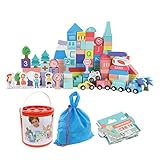 HappyFit Holzbausteine-Set, Stadtbau-Puzzle, Vorschule, Lernen, Zahlen, Buchstaben, Bauspielzeug für Kinder