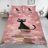 Generisch Schwarz Katze Bettwäsche 220x240, Bücher Wendebettwäsche, Moderne Cartoon Motiv Bettbezug mit Reißverschluss, Weiche Mikrofaser Bettwäsche Sets 3 Teilig mit 2 Kissenbezug 80x80 QX147