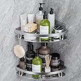 GlasFlength Duschablage Ohne Bohren Ecke, 2 Stück Badezimmer Organizer Selbstklebend Badregal Rostfrei Bad Regal mit 4 Haken Ablage Dusche Eckregal Duschkorb Ohne Bohren für Bad Küchen