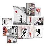 Giallobus - Satz von 10 mehrteiligen Gemälden - Banksy - Sammlung 1 - MDF-Holz - | 2 x 42x29,7cm | 4 x 29,7x21cm | 4 x 21x14,85cm | - Fertig zum Aufhängen – Gemälde für zu Hause