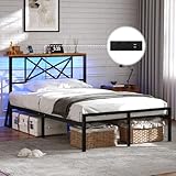 DICTAC Bettgestell 90x200 mit LED Beleuchtung, Bett 90x200 mit Steckdose, Einzelbett mit Holzkopfteil Stauraum, Metallbett mit Lattenrost aus Metall, Bettrahmen mit Stauraum unter dem Bett, Höche 32