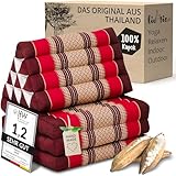 livasia Thaikissen mit 3 Auflagen - 175x50x8cm - Dreieckskissen mit Klappmatratze, Keilkissen Kapok, Rückenkissen faltbar, Thaimatte zum Klappen, handgefertigt, Meditationskissen (Rubinrot)