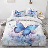 ZyxMehtic Bettwäsche 155x200 3teilig Papillon Bleu - Bettwäsche-Sets - Floral bettbezug 155x200 cm + 2 Kissenbezug 80x80 cm, Mikrofaser WendeBettwäsche mit Reißverschluss