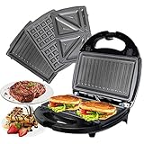 OZAVO Sandwichmaker 3 in 1, Waffeln, Paninitoaster, 3 abnehmbare Grillplatten, Tisch-Grill für Toast, Waffeln, Fleisch, Schwarz, 750W
