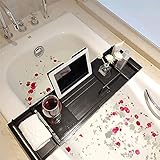 Bambus Badewannentablett - Verstellbare Badewannenablage mit Teleskopfunktion (75-110 cm), Elegante Badezimmer-Deko für Aufbewahrung in Wohnungen, Hotels und Badezimmern (Schwarz)