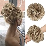 FESHFEN Haarteil Mit Gummiband, Groß Dutt Haarteil Haargummi Mit Haaren Gelockt Haardutt Synthetisch Haarverlängerung Pferdeschwanz Haarteile für Damen Mädchen, Gemischte Blond & Aschblond Spitzen 55g