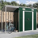 Gartenhaus Mit Schleppdach Grün 277x107x181 cm Stahl, Geräteschuppen Die Hütte Mit Verlängertem Dach, Holzunterstand Draußen Für Brennholz Und Gartengeräte