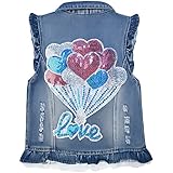 Peacolate Baby Mädchen Denim Weste Kinder Ärmellose Jacke Knopf Pailletten Herz Ballon Spitze Frühling Herbst Mantel (6-7Jahre)