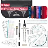 CALCUSO Geometrie Set Pro – 15-teiliges Geodreieck Set mit Zirkel mit Feststellrad, Lineal, Radiergummi und Anspitzer in schwarzer Federmappe – ideal für Schule, Uni, Büro, Zirkel ab 4. Klasse