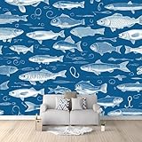 Handgezeichneter Fisch Fototapete Vlies Tapete 200x140 cm Blau 3D Effekt Wandbild Vlies Wandtapete Moderne Wohnzimmer Mural Schlafzimmer Kinderzimmer TV Hintergrund Wand Dekora