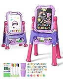 Lehoo Castle Tafel Kinder, Kindertafel mit Kreidetafel & Whiteboard 360 drehbare Höhenverstellbar schultafel für kinder mit Zubehör, Spielzeug ab 3 jahre mädchen Jungen(Lila)