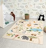 the carpet Happy Life Kinderzimmer, Kinderteppich, Spielteppich, Waschbar, Straßenteppich, Straße, Dschungel, Tiere, Auto, Beige, 120 x 160 cm