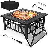 TLSUNNY Feuerschale mit funkenschutz 81 cm, 3 in 1 Feuerkorb mit Grillrost,Feuerschalen Quadratisch für den Garten, Feuerstelle mit Grillfunktion, mit 4 pcs Bein,für Terrasse,Camping,Lagerfeuer Grill