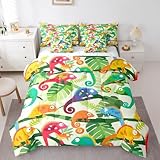 Cartoon-Eidechsen-Bettwäsche-Set, 7-teilig, lustiges Eidechsenbett in einer Tasche, für Kinder, Jungen, Mädchen, tropische Palmenblätter, Doppel-Bettwäsche-Sets mit Tiermotiven, Tröster-Set,
