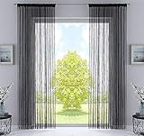 2er Set Fadengardine, HxB 250x140 cm, Schwarz mit Tunneldurchzug und eingenähtem Kräuselband, geeignet für Gardinenstangen und Gardinenschienen Fadenvorhänge Fadenstores Raumteiler, 20303CN2