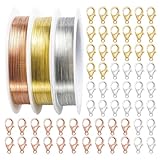 3 Rollen Schmuckdraht, Basteldraht dünn 0,3mm,mit 60 Ösen für Schmuckherstellung, Perlen, Modellbau und DIY Bindedraht, Kupferdraht ca. 15m, Kupfer/Gold/Silber