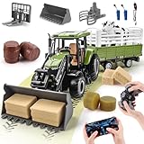 JONRRYIN Ferngesteuerter Traktor, 16 Stück Traktor mit Anhänger, 2.4 GHz Fernbedienung & App 2X Wiederaufladbare Batterien, 3X Fahrzeugfront, Kuh, Heuhaufen Bauernhof Spielzeug ab 4 5 6 7 8 9 Jahre