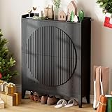 Vlsrka Geriffelte Schuhschrank Schmal Holz, Moderner Schuhkipper mit 2 Klappen, Schuhkipper schmal mit 2 Ablagen, Schuhkommode für Eingang, Diele, Flur, 80 x 25 x 100 cm, Schwarz