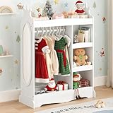 LUE BONA Kindergarderobe,Kinderkleiderschrank mit Spiegel und Kleiderstange,Kindergarderobe mit 3 Haken und 3 offener Ablagen,Kinder Kleiderschrank aus Holz für Kinderzimmer,85 x 34 x 112 cm,Weiß