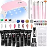 Poly Gel Nägel Starter Set mit UV Lampe,8 Farben Tube Gelnägel Set, Nagelverlängerung kit mit Glitzerpulver|Glitzersteine,Nagelstudio Set Komplett Gel Nagelset Anfänger Selber Machen Nageldesign Set