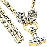 Halsketten Anhänger Herren, Wikinger Amulett Vintage Halskette Wolfskopf mit Thor Hammer Halskette 316L Edelstahl Königskette Schmuck/Zwischen Golden/50 cm Kette