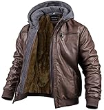 CREATMO US Herren Kunstleder Jacke Motorradjacke Wasserdicht Winddicht PU Moto Oberbekleidung Vintage Bomber Hoodie mit abnehmbarer Kapuze, Mit Samt ausgekleidet, Large
