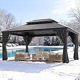 Devoko Pavillon 3,65 x 4,85 m Wasserdicht Stabil Winterfest,Hardtop Pavillion mit Doppeldach,Gartenpavillon mit Vorhängen und Moskitonetzen,Pavilion für Hinterhöfe, Gärten und Rasenflächen, Grau