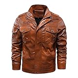 Generic Herren-Motorradjacke aus PU-Leder, Vintage, warm, mit Tasche, winddicht, Stehkragen, langärmelig, Reißverschluss, Braune Herren-Lederjacke, M