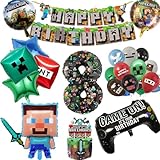 8 Jahre Geburtstag Dekorationen für Jungen, Happy Birthday Luftballons mit Banner Folienballon und Cake Toppers 8 Jahr Gaming Thema Party Supplies Dekoration