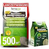 TerraUno Rasendünger mit Unkrautvernichter extra stark, 100 Tage Langzeitwirkung, 10 kg für 500 m², gegen Löwenzahn, Klee uvm., Rasenunkrautvernichter mit Dünger für Frühjahr & Sommer, mit Nachsaat