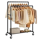 SONGMICS Kleiderständer, Kleiderstange, Garderobenständer mit 2 Kleiderstangen und Ablage, Rollen, bis 110 kg belastbar, Industrie-Design, für Schlafzimmer, Ankleidezimmer, schwarz HSR60B