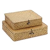 SUMNACON 2PCS Rattankorb aus Natürliche Seegras mit Deckel Handarbeiten Aufbewahrungskiste Aufbewahrungskörbe Ordnung Korb für Küche Badezimmer Schlafzimmer Gross+Klein(Rechteckig,Hellbraun)