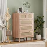 BHFFTHK Kommode mit 5 Schubladen 60x34x91 cm Rattan Sideboard Schubladenschrank aus Holz mit Metallgriffen Schubladenkommode für Schlafzimmer Wohnzimmer Flur Komodenschrank